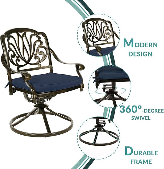 MEETWARM 9-Piece Outdoor Patio Dining Set, All-Weather Cast Aluminum Patio Conversation Set with 2 Swivel Rocker Chairs, 6 Stationary, 1 Oval Table, 8 Cushions, 2" Umbrella Hole, Navy Blue