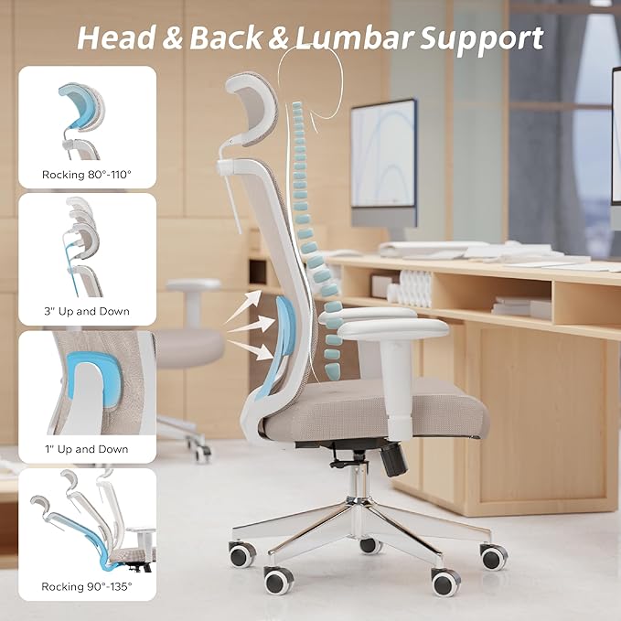 Ergonomic Office Chair, Mesh Desk Chair with Adjustable Headrest and 2D Armrest,Computer Chairs with Lumbar Support, Big and Tall Office Chair 400lbs, Large (01khaki)