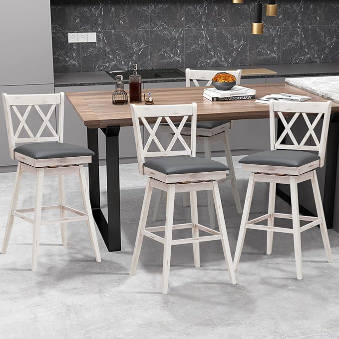 COSTWAY Bar Stool Set of 2, 360° Swivel Bar Height 29.5 inch Bar Stool with Foot Rest Upholstered Cushion & Ergonomic Backrest, Sturdy Frame, for Pub, Restaurant, Home (2, Antique White+ Grey)