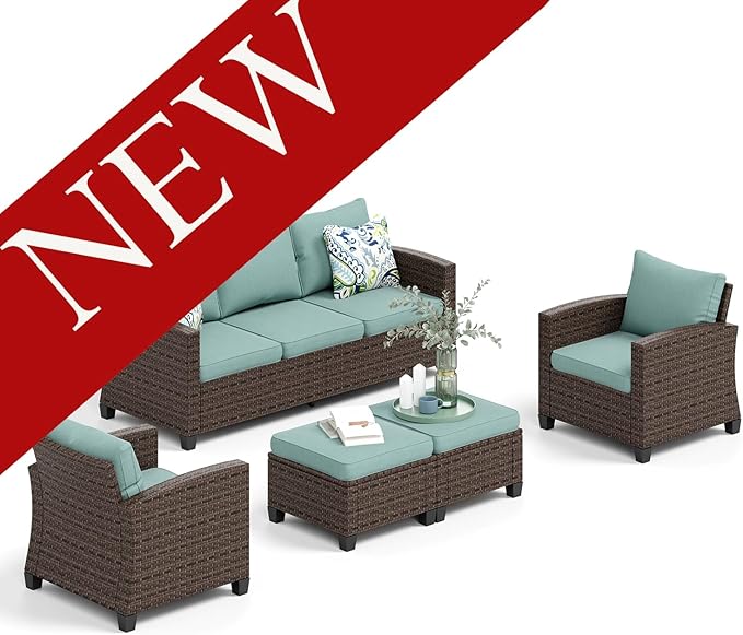 HERA'S HOUSE Wicker Patio Furniture Set, 5 Pieces Outdoor Furniture Set, Deep Seating Patio Conversation Sofa Sets for Lawn Deck Backyard, Blue
