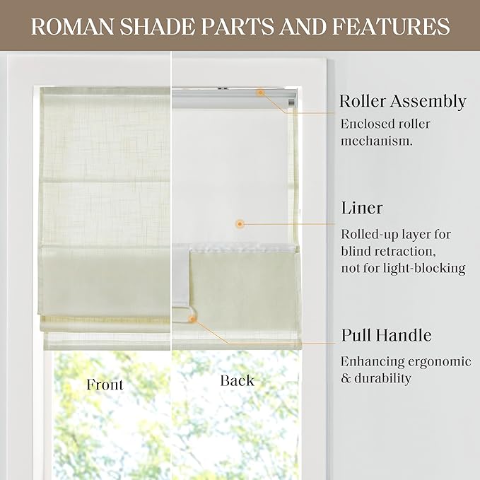 Madison Park Kyler Cordless Roman Shades - Single Panel, Lightweight Linen Blend Fabric, Natural Design, Easy Installation, Light Filtering Window Blind, Bedroom, Living Room Decor 35"W x 64"H Ivory