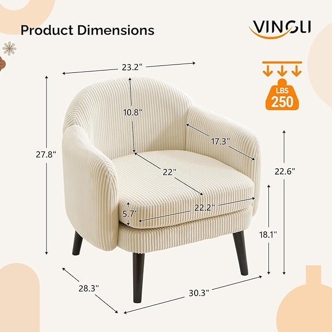 VINGLI 30.3" Wide Modern Barrel Accent Armchairs Set of 2 with Track Armrest, Solid Wooden Legs, Comfy Upholstered Club Chairs, Single Home Sofa for Living Room, Bedroom, Reading Room, Corduroy Beige