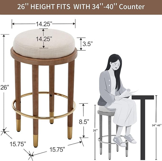 26’’ Rustic Backless Bar Stools with Metal Gold Footrest Counter Height Barstools Set of 2 Modern Round Farmhouse Beige Linen Upholstered Wooden Stools with Natural Solid Wood Legs for Kitchen Island