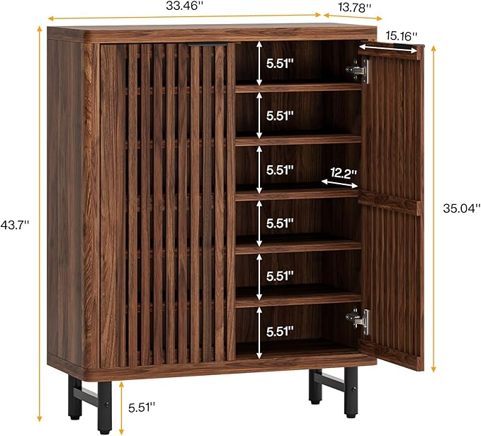 Tribesigns 6-Tier Farmhouse Shoe Cabinet with Shutter Doors, Wooden Shoe Organizer Rack with Adjustable Shelves, Modern Large Hidden Storage Furniture for Entryway, Hallway (Brown&Black)