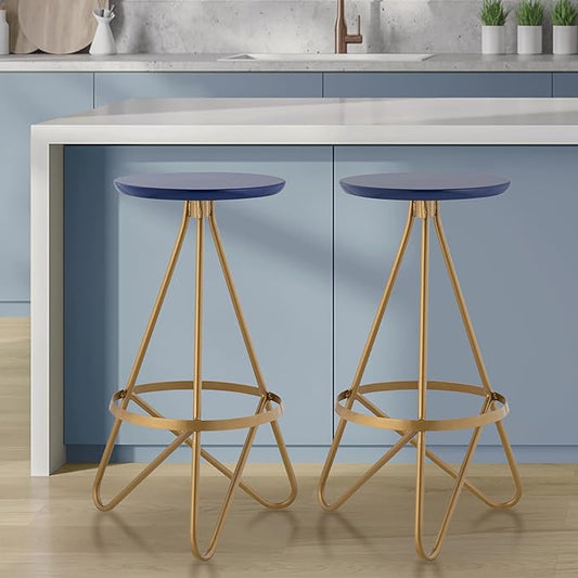 JONATHAN Y BSL1000A Spiroa 30" Modern Industrial Metal Backless Circular Bar Stool for Home, Kitchen, Dining Room, Workspaces, Cafes and Resturants, Navy Seat with Gold Frame