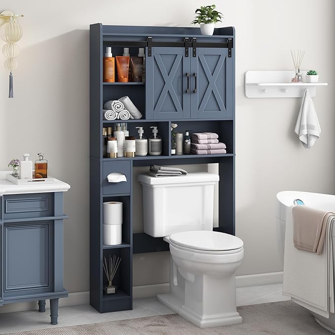 Vabches Over The Toilet Storage Cabinet, Farmhouse Storage Cabinet Over Toilet with Sliding Doors,Home Space-Saving Toilet Rack, for Bathroom, Restroom, Laundry