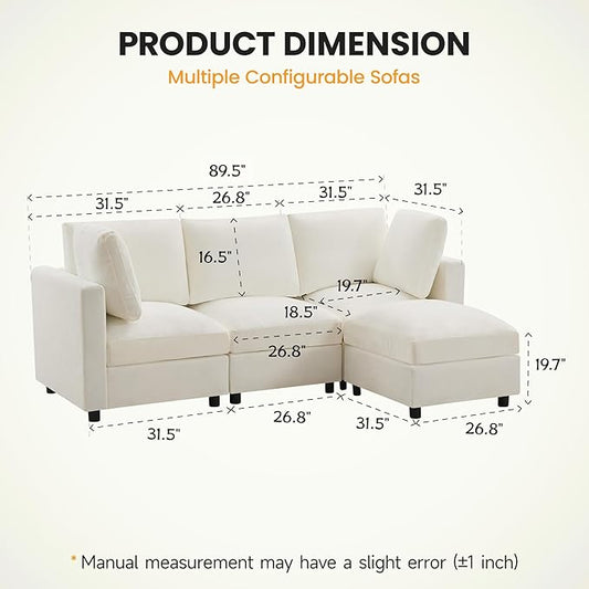 3-Seater Modular Sectional Cloud Sofa with Ottoman, L-Shaped Couch for Living Room, Modern Convertible Deep Seats Sofa, Chenille Beige