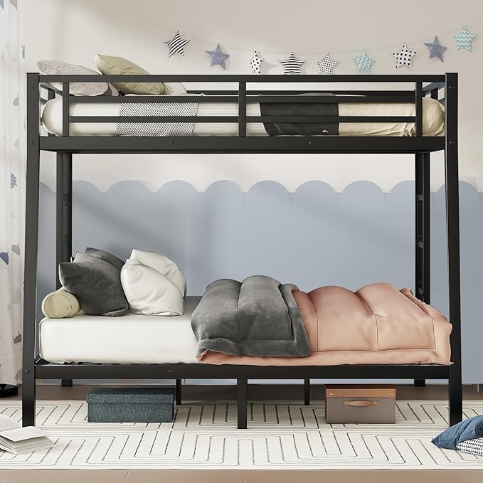 Bunk Bed Full XL Over Queen, Heavy Duty Metal Bunk Bed Frame, Queen bunk Bed with Guardrail Heavy Duty Bunk Bed Frame for Adults - Teens Dorm Bedroom Guest Room(Black)