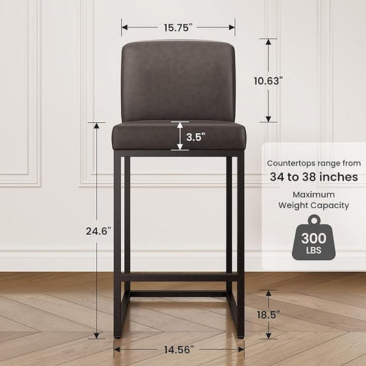 PHI VILLA Bar Stools Set of 2 - Counter Height 24'' Bar Stool Pu Leather Kitchen Modern Bar Chairs, Bar Stools with Back