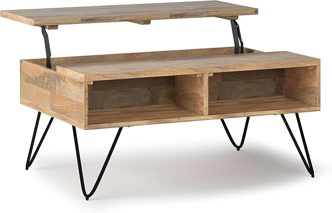 SIMPLIHOME Hunter Small Lift Top Coffee Table - 36 inch Wide Solid Mango Wood and Metal Industrial Cocktail Table in Natural, Living Room Table with Hidden Storage, 2 Cubbies, and Hairpin Legs