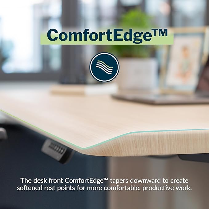 Vari ComfortEdge 60x30 Inch Adjustable Electric Standing Desk – Sit Stand VariDesk with Memory Presets, Sloped Edge, 200 LB Capacity + Tool-Free Assembly (Light Wood)