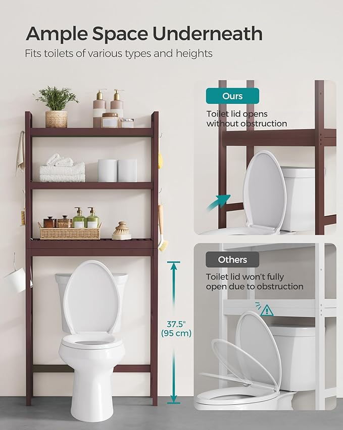 SONGMICS Over The Toilet Storage, 3-Tier Over Toilet Bathroom Organizer with Adjustable Shelf, 10.2 x 24.8 x 66.9 Inches, Space-Saving, Brown UBTS01BR