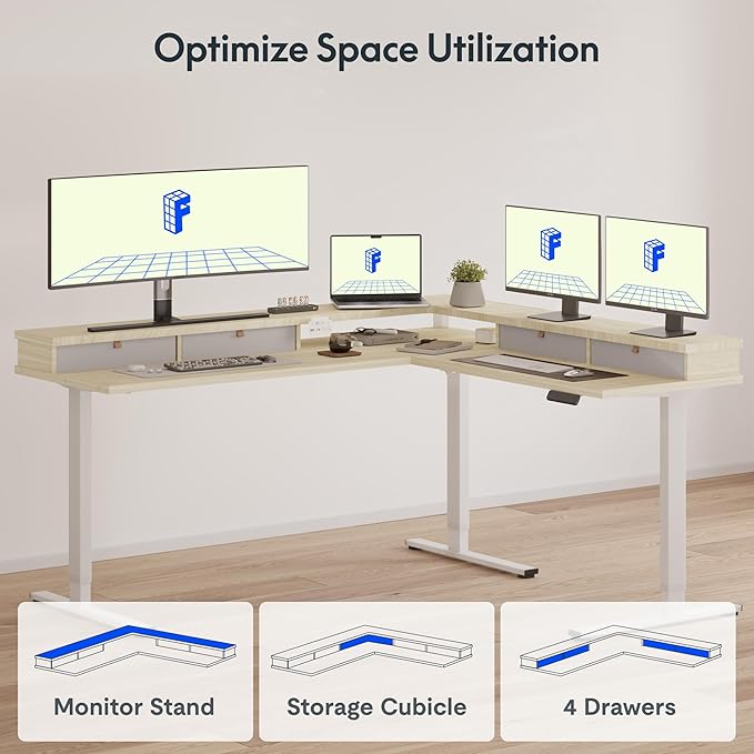 FLEXISPOT 71" L Shaped Standing Desk Electric Corner Table with Shelf, 4 Storage Drawers, Adjustable Computer Workstation for Home, Office, Game, Studio, USB Charger, Light Maple Top + White Frame