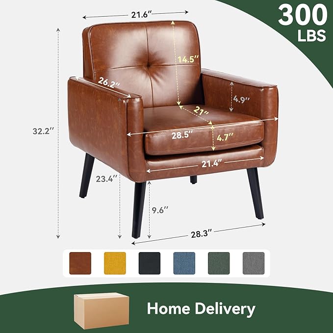 Mid Century Accent Chair, PU Leather Modern Chair with Wooden Frame, Cozy Armchair Reading Chair with Comfy Back for Apartment, Living Room, Bedroom, Waiting Room, Small Space, Corner, Brown