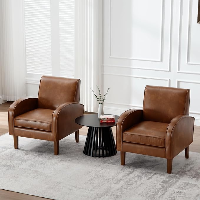 Mid Century Modern Armchair Brown Faux Leather Accent Chair with Arm Comfy Chairs Reading Chair Sofa Chair for Living Room, Rubber Wood Legs