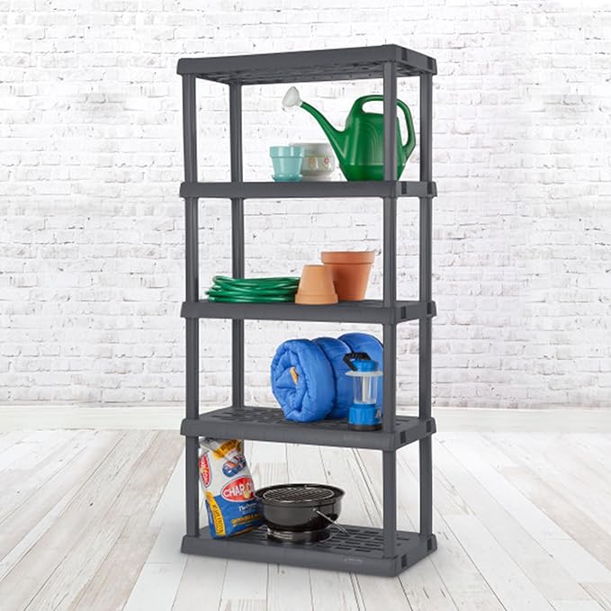 Sterilite 5 Shelf Unit, Heavy-Duty Shelving Storage Rack for Home and Garage, Gray - Multipurpose Plastic Organizer Shelves for Smart Organization