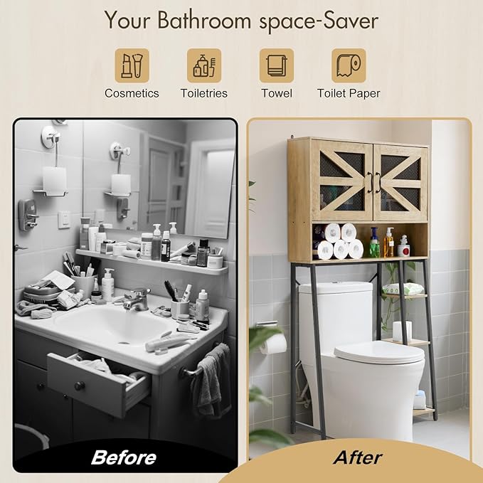 Extra Tall Over The Toilet Storage Cabinet with Side Storage, Modern Bathroom Space-Saving Organizer with Barn Doors, Sturdy Over-Toilet Shelf Unit for Bathroom