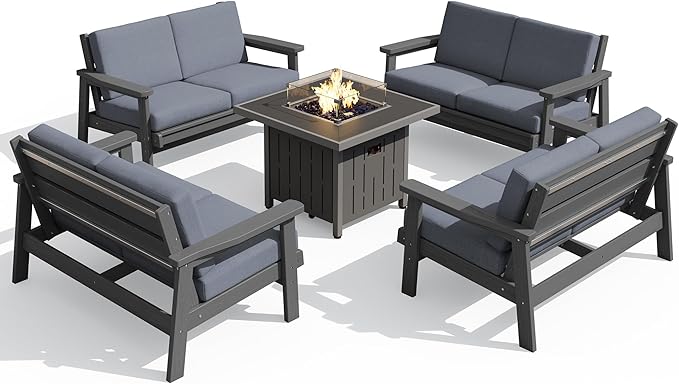 SERWALL Patio Furniture Set with 33” Fire Pit Table, HDPE Outdoor Sectional Sofa Set with Thickened Cushions, Grey Frame with Grey Cushions