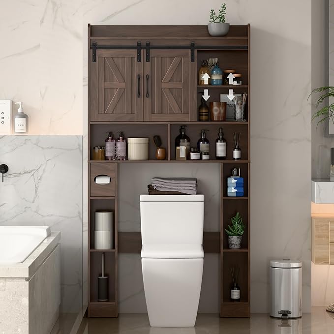 Farmhouse Storage Cabinet Over Toilet with Sliding Doors,Over The Toilet Storage Cabinet, Home Space-Saving Toilet Rack, for Bathroom, Restroom, Laundry.Espresso