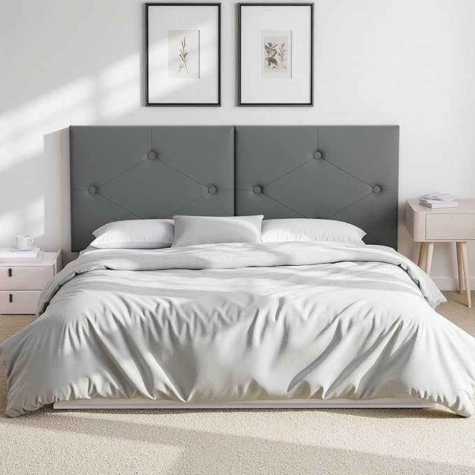 Modern Queen Headboard, Upholstered Faux Leather Bed Headboard with Solid Wood & Sturdy Metal Legs, Tufted Adjustable Height Headboards in Button Design, Grey
