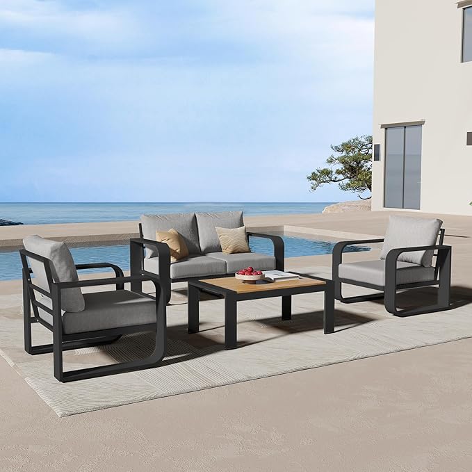 Aluminum Outdoor Patio Furniture Set 4 Piece, Oversized Patio Conversation Sets Widened Armrest & Ultra-Thick Cushions, Deep Seating Modern Sectional Furniture for Backyard, Deck, Gray
