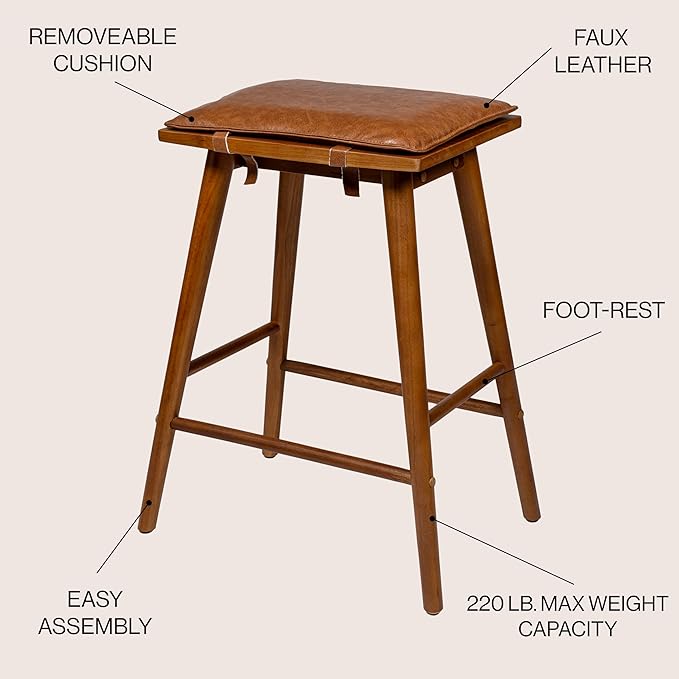 JONATHAN Y CSL2002A Peroni 26" MidCentury Classic Saddle-Seat Solid Wood/Vegan Leather Backless Counter Stool with Removeable Cushion for Pool, Deck, Poolside, Chestnut Brown