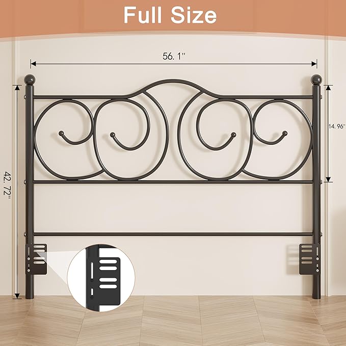 VECELO Metal Full Size Headboard, Heavy Duty Curved Headboard Only Height Adjustable, Easy to Assembly, Farmhouse Victorian Style for Bedroom - Black, Full