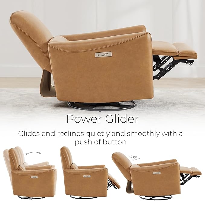 CHITA Power Recliner Chair Swivel Glider, FSC Certified Upholstered Faux Leather Living Room Nursery Reclining Sofa Chair with Lumbar Support, Cognac Brown