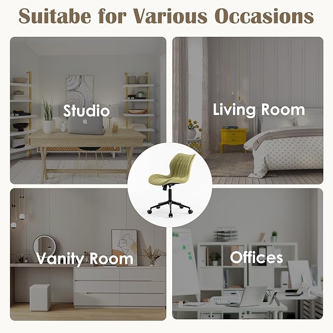 YOUNUOKE Armless Desk Chair Comfy Office Chair with Wheels Home Ergonomic Task Chair Adjustable Computer Chairs Modern Faux Leather Swivel Chair Upholstered Makeup Vanity Chair with Back(Avocado)
