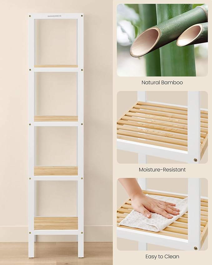 SONGMICS Bamboo Storage Shelf, 5-Tier Shelving Unit, Multifunctional, in The Entryway, Bathroom, Living Room, Balcony, Kitchen, 13 x 13 x 57.5 Inches, Cloud White and Light Bamboo UBCB055N01