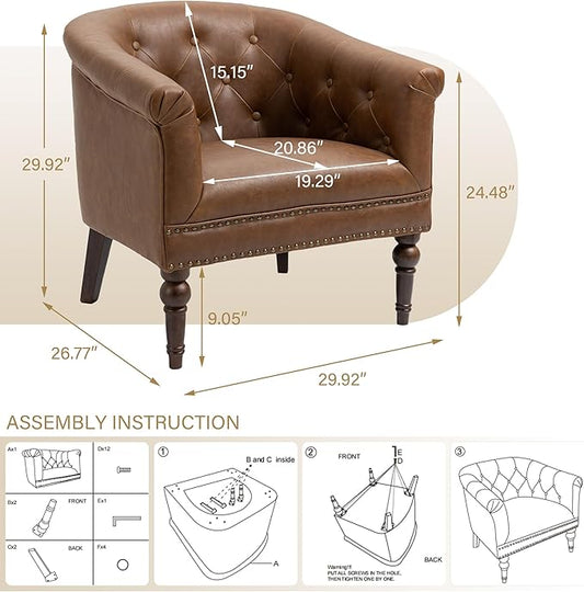 Pia Ricco Faux Leather Barrel Accent Chair, Comfy Club Armchair with Solid Wood Legs, Nailhead Trim Upholstered Single Sofa Chair for Living Room Bedroom/Reading Room, Tan