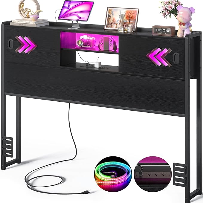 Homieasy Headboard for Full Size Bed with Storage, Sturdy Bookcase Headboards with Outlet, USB & LED Light, Full Size Headboard Only, Head Board with Sliding Doors & Bed Adapter for Bedroom, Black