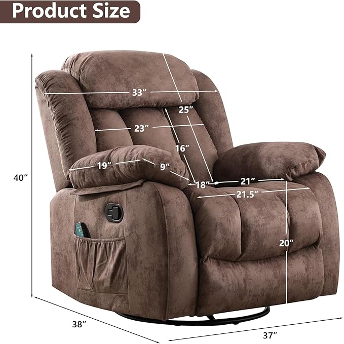 CANMOV Massage Rocker Recliner with Heat and Vibration, 360 Degree Swivel Manual Antiskid Fabric Single Sofa Heavy Duty Reclining Chair for Living Room, Dark Brown