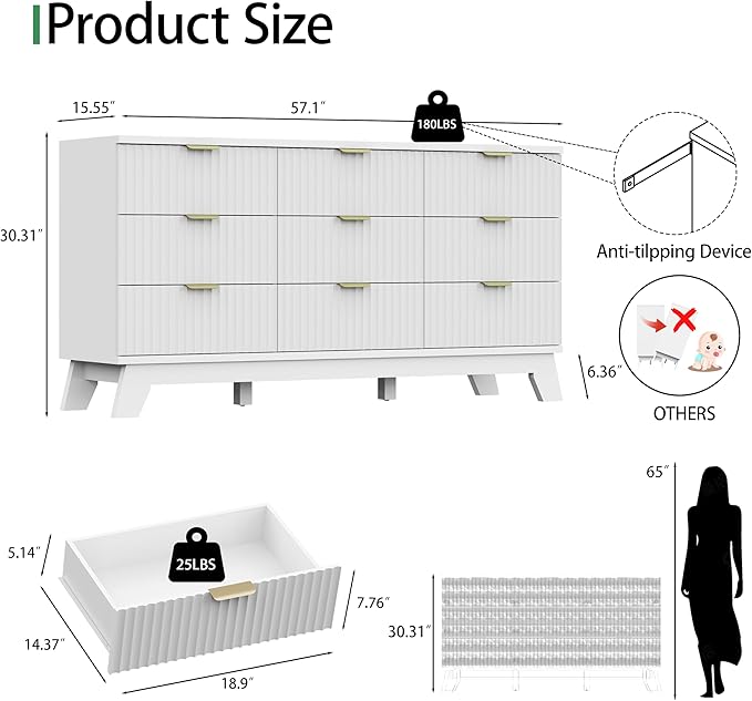 Fluted Dresser for Bedroom with 9 Drawers, 57" Wide Modern Chest of Drawers with Metal Handle, Wooden Dresser TV Stand, Wood Closet Clothes Storage Organizer for Living Room, Hallway, White
