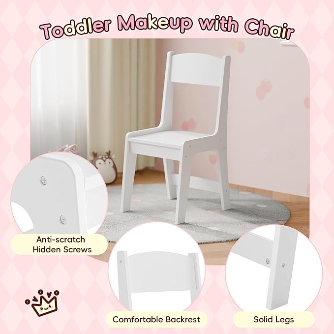 Kids Vanity, Girl Vanity Set with Storage Cabinet & Open Shelf, 2 In 1 Kids Vanity Table and Chair Set with Jewelry Storage, Princess Toddler Makeup Vanity with Mirror for Little Girls (White)