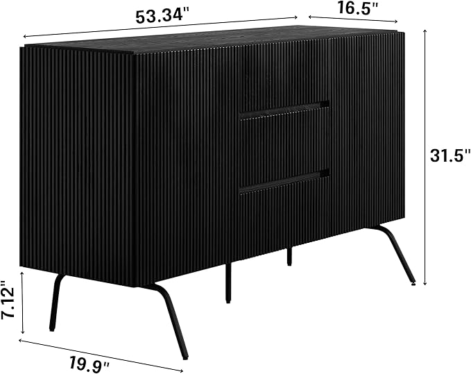 NTC Veil Sideboard with 2 Doors and 3 Drawers, Buffet Cabinet with Vertical Groove Design and Metal Legs, Storage Cabinet for Living Room, and Entryway, Effortless Assembly - Burnt Black