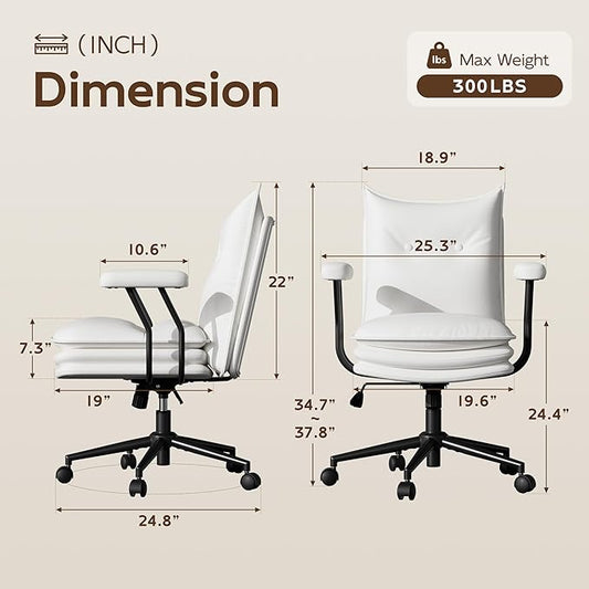 White Leather Office Chair with Wheels, Triple-Layers Thicken Wide Seat Height Adjustable, Mid Back, Comfy Desk Chair for Home, Office