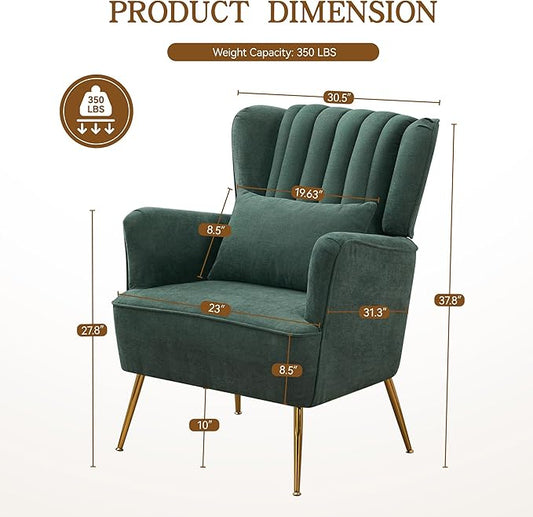 Fabric Accent Living Room Arm Chair with Pillow & Golden Legs, 8.5" Thick Cushion, Mid Century Modern Wingback Chairs Upholstered Comfy Sofa Armchair for Reading Room/Bedroom, Green