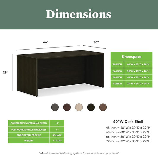 HON MOD Executive Desk 66-Inch Large Computer Desk Shell, Thick Wooden Laminate, Modern Table with Cord Management, 66" W x 30" D x 29" H, Java Oak