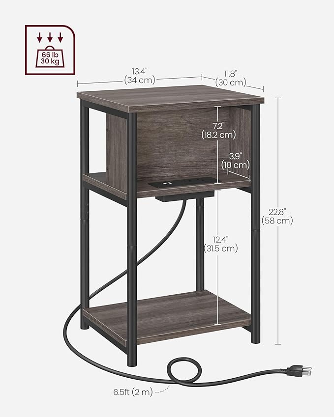 VASAGLE Side Table with Charging Station, 3-Tier End Table with USB Ports and Outlets, Nightstand for Living Room, Bedroom, 11.8 x 13.4 x 22.8 Inches, Plug-in Series, Chestnut Brown and Black