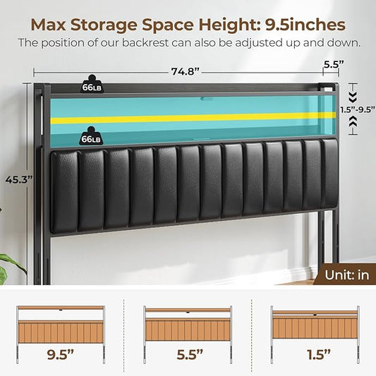 Rolanstar Headboard for King Size Bed with Storage, 60,000 DIY Color of LED Light, Head Board with USB & Type C Port, Height Adjustable, Black Upholstered Cabeceras de Cama Comfortable Modern, Leather