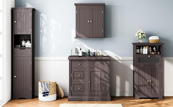 ChooChoo 67" Tall Bathroom Storage Cabinet Freestanding with Adjustable Shelves, Narrow Storage Linen Cabinet with 2 Doors and 1 Drawers for Bathroom, Living Room, Kitchen, Espresso