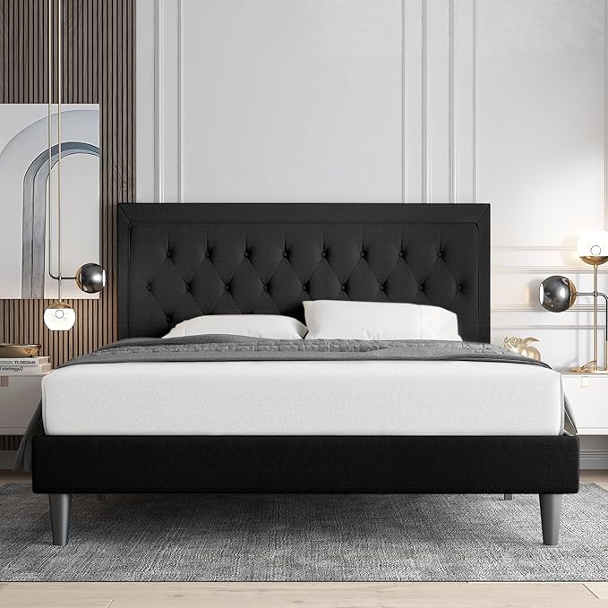 Allewie Full Size Upholstered Platform Bed Frame with Adjustable Headboard, Button Tufted, Wood Slat Support, Easy Assembly, Black