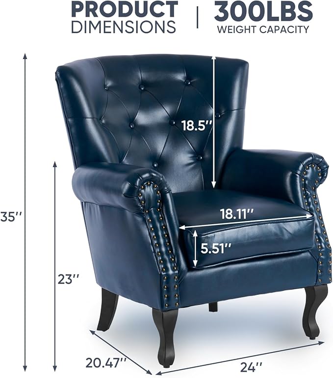 MOJAY PU Leather Accent Chair, Mid-Century Modern Armchair Living Room Club Chair with Tufted Button & Rivet Trim, Upholstered Sofa Chair with Sturdy Wood Legs for Bedroom (Navy)