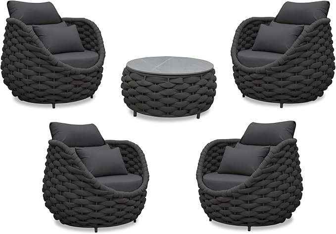 Aluminum Front Porch Furniture Set: 5 Pieces Woven Rope Patio Conversation Set - All Weather Cushioned Outdoor Sofa Set Assembled - Metal Modern Couch Set 400lb Deck Garden Pool Hotel, Dark Gray