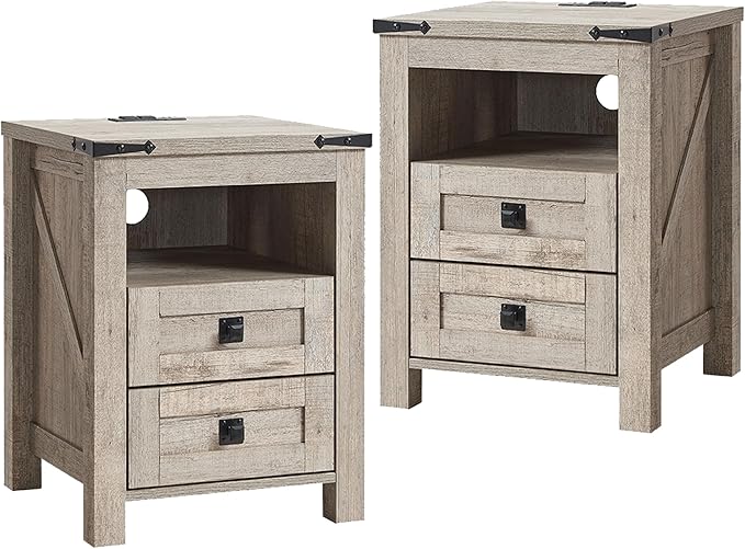 T4TREAM Farmhouse Nightstand Set of 2 with Charging Station, Rustic End Table with 2 Drawers, Storage Open Shelf for Bedroom, Living Room, Wood Side Table, Light Rustic Oak