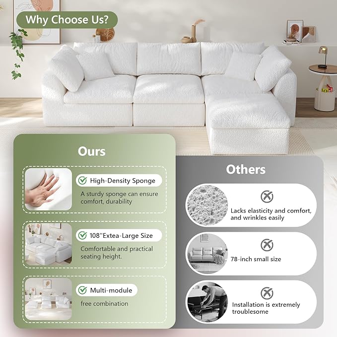 108" Boneless Cloud Couch Modular Sectional Sofa with Deep Seat for Living Room, L Shape Couch with Ottoman, Snowflake Cloth and 40D Memory Sponge,2 Throw Pillows (White, 3 Seater+1 Ottoman)