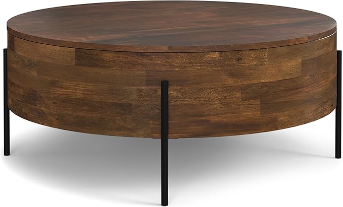 SIMPLIHOME Rayburn Drum Coffee Table - 38 inch Wide Solid Mango Wood Round Living Room Table in Walnut Brown, Modern Urban Center Table for Family Room with Black Metal Legs and Large Surface