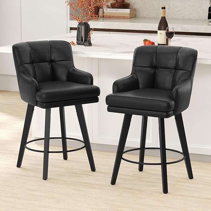 360°Swivel Counter Height Bar Stools with Back, 26 inch Solid Wood Legs, Bar Stool Modern Kitchen Island Chairs, Faux Leather (Black- Faux Leather, 26" H- Set of 1)