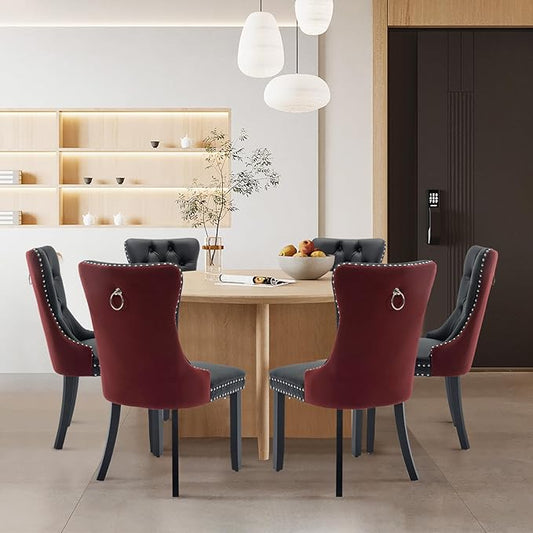 Leather Upholstered Dining Chairs Set of 6, Modern Style Kitchen Side Chairs with Nailhead Trim and Wood Leg, Metal Pulling Ring for Dining Room Living Room(Black&Wine Red)